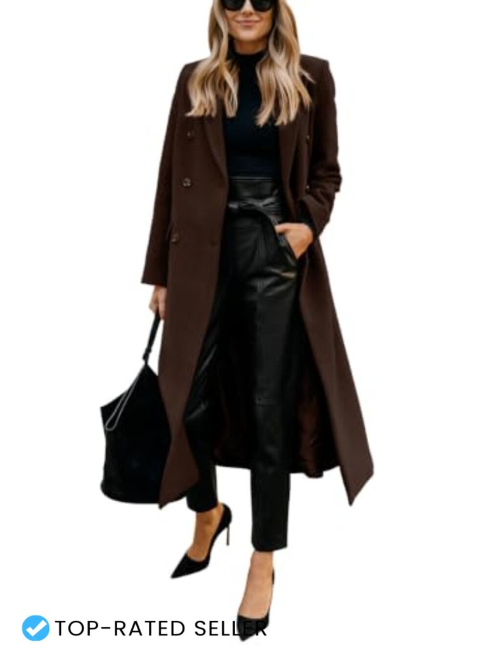 Womens Long Wool Blend Peacoat Double Breasted Notch Lapel Winter Coat